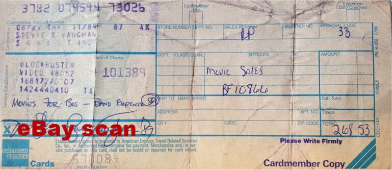 Stevie Ray Vaughan American Express Receipt