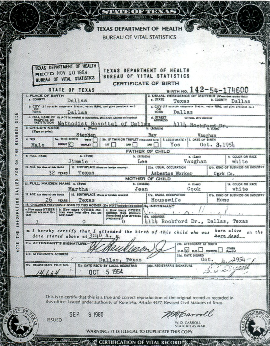Stevie Ray Vaughan Birth Certificate