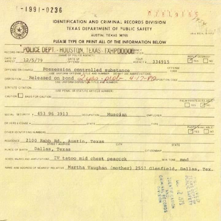 Stevie Ray Vaughan 1979 Charge Sheet