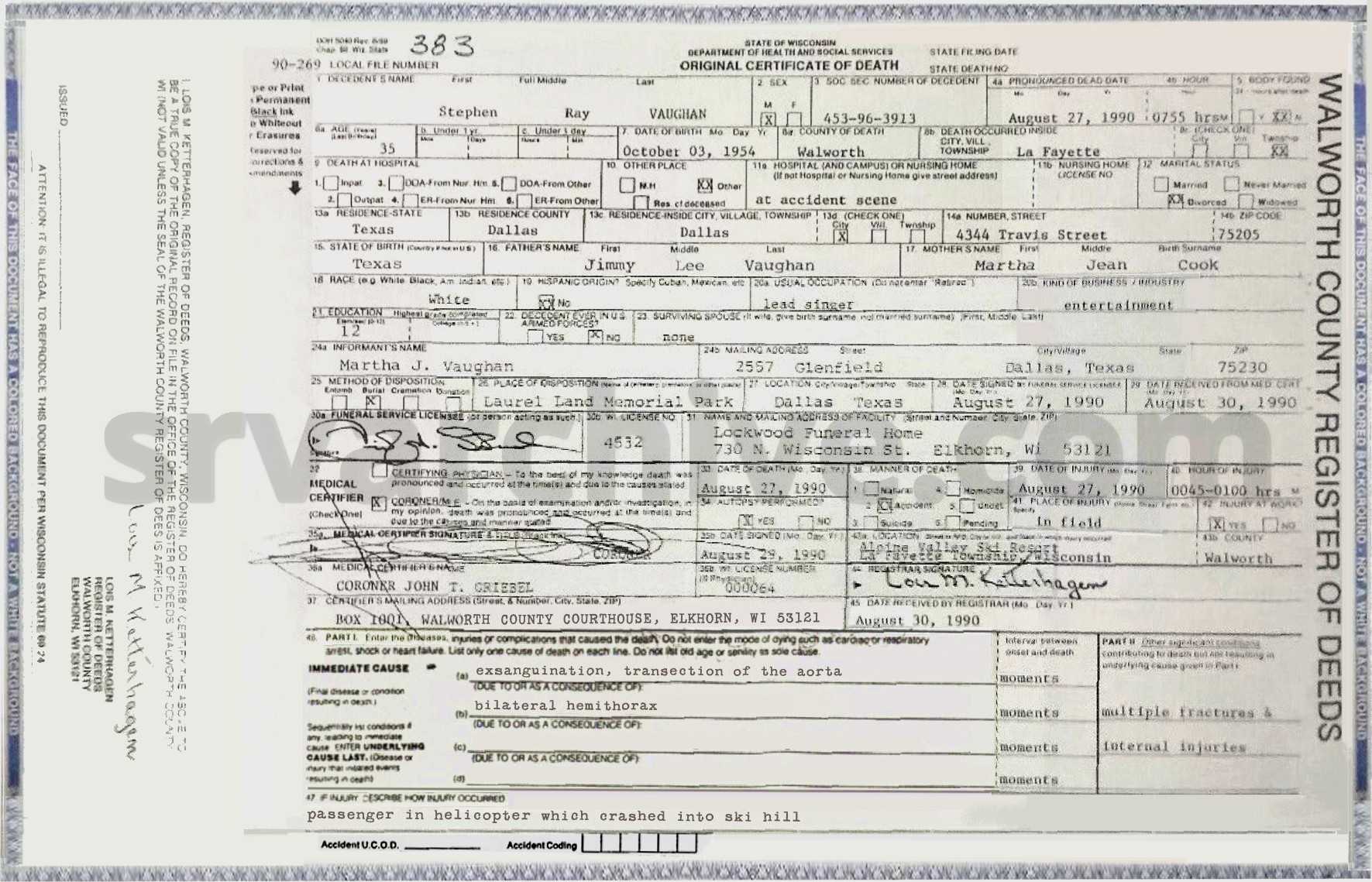 Stevie Ray Vaughan Death Certificate