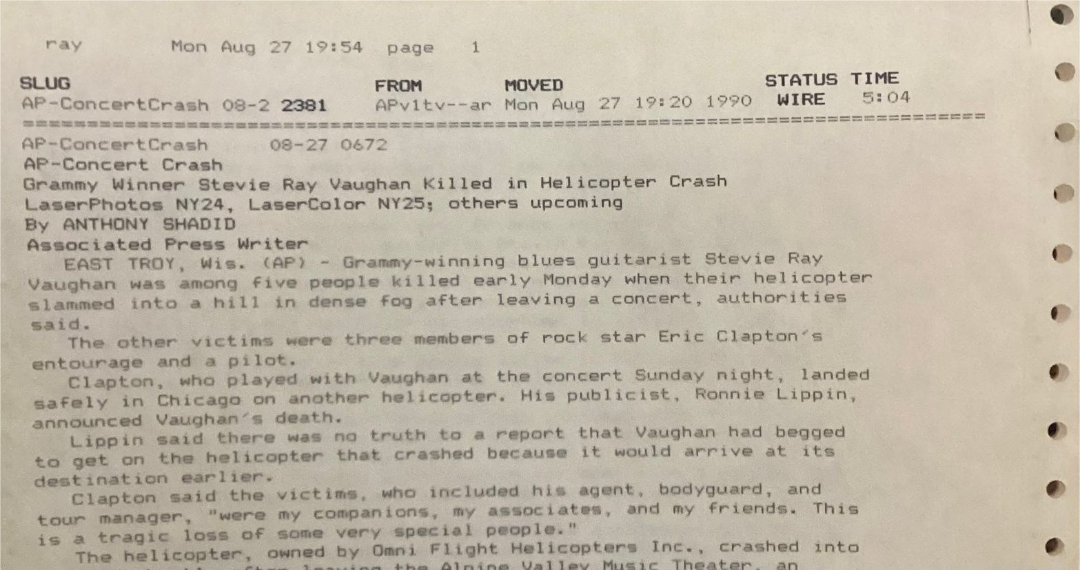 Stevie Ray Vaughan Death Anouncement