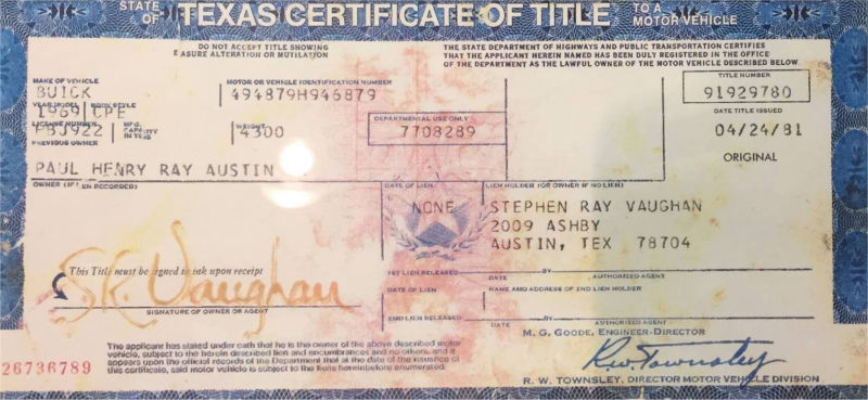 Stevie Ray Vaughan Buick Certificate of Title