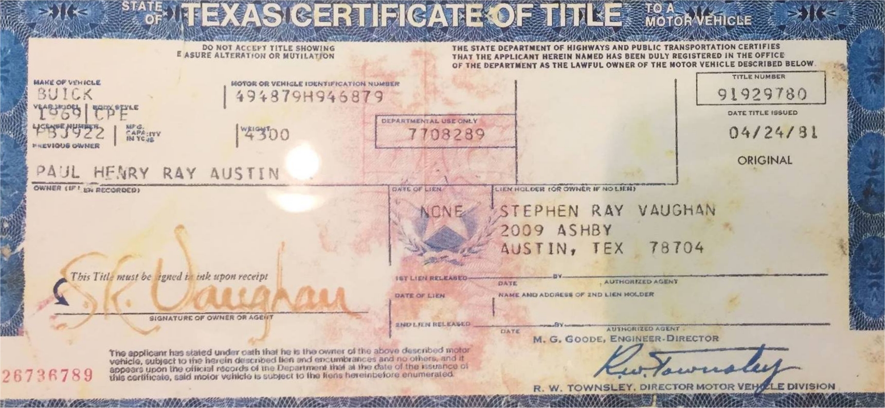 Stevie Ray Vaughan Buick Certificate of Title