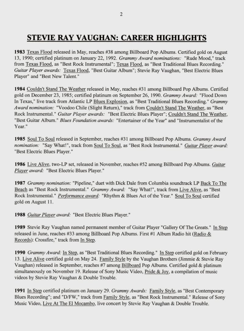 Stevie Ray Vaughan Greatest Hits Press Pack
