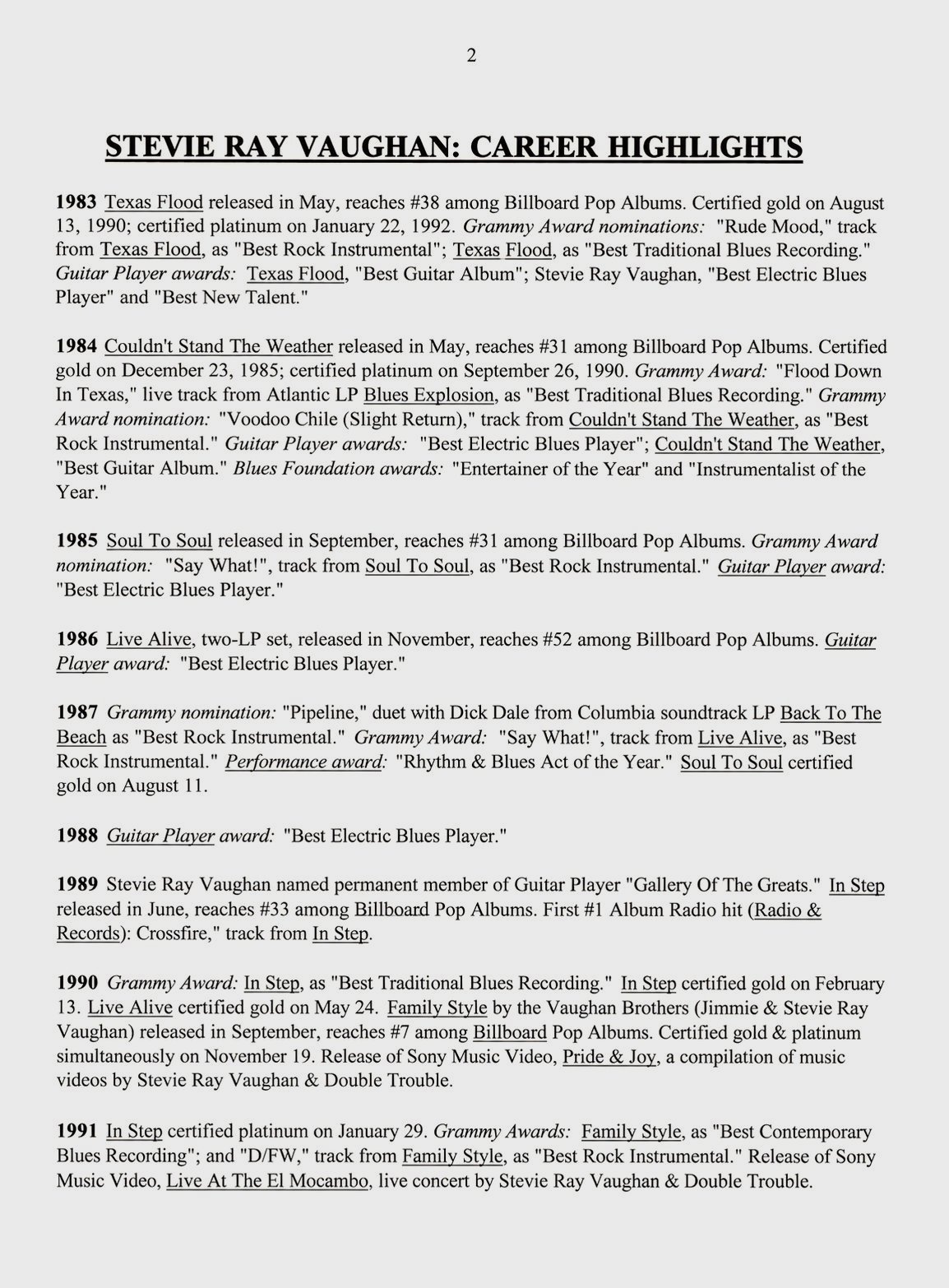Stevie Ray Vaughan Greatest Hits Press Pack