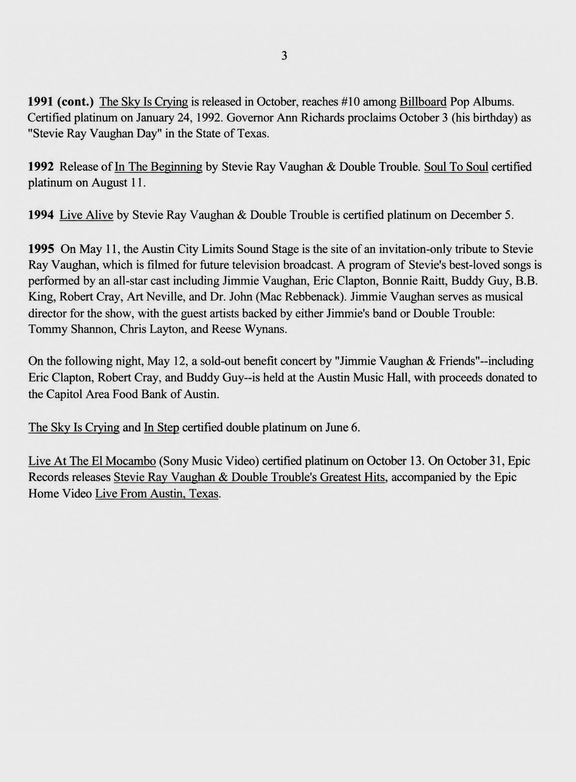 Stevie Ray Vaughan Greatest Hits Press Pack