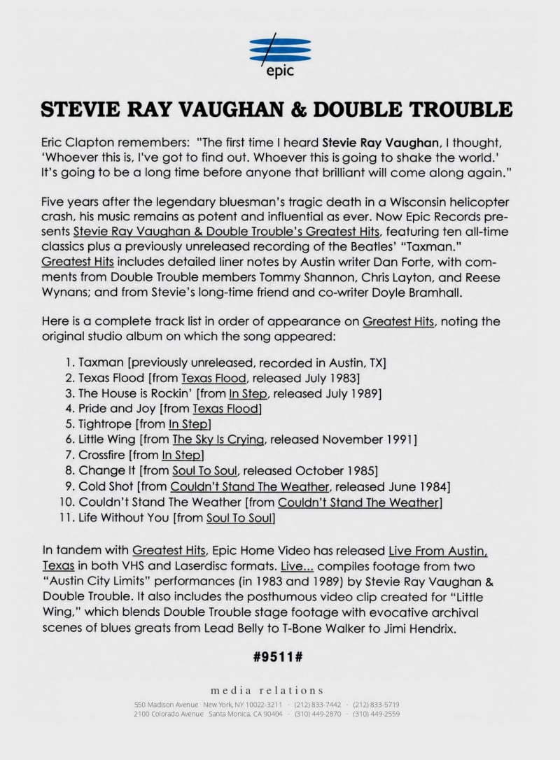 Stevie Ray Vaughan Greatest Hits Press Pack