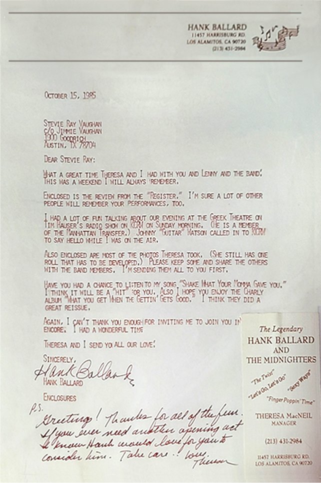 Thank you letter from Hank Ballard to Stevie Ray Vaughan