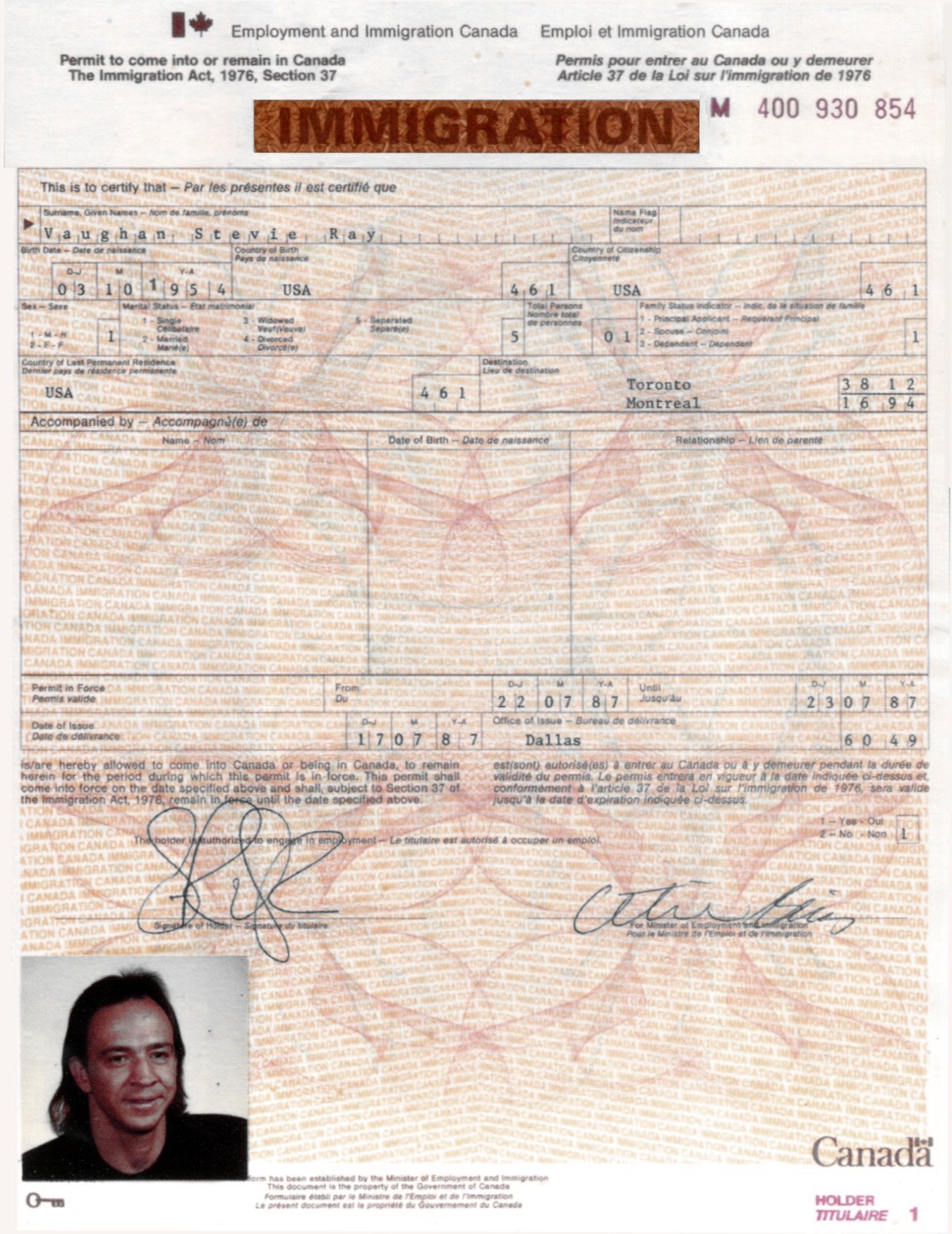 Stevie Ray Vaughan Certificate of Immigration
