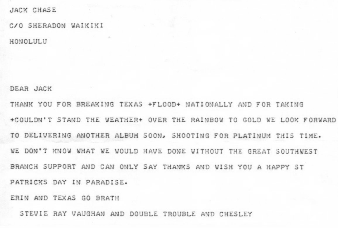 Letter to Jack Chase from Stevie Ray Vaughan