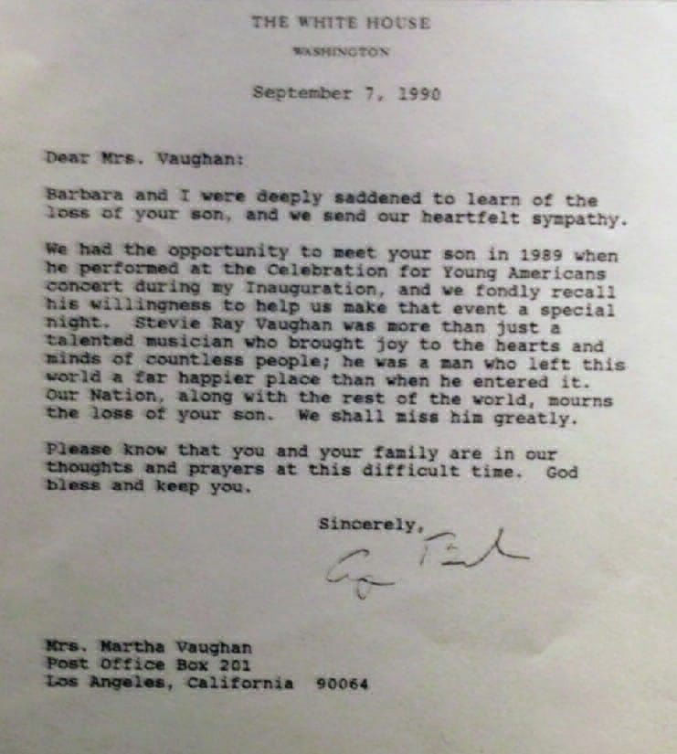Letter of Condolence after Stevie Ray Vaughan's Death