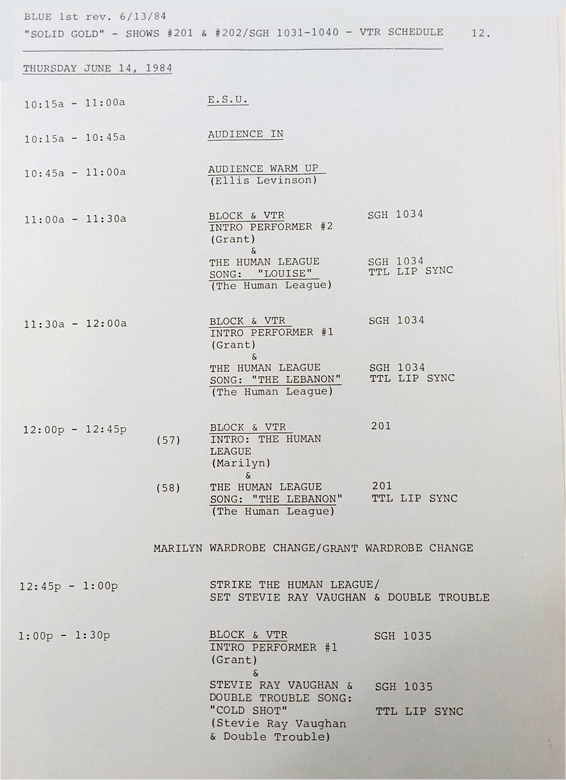 Itinerary for Solid Gold TV Show Recording