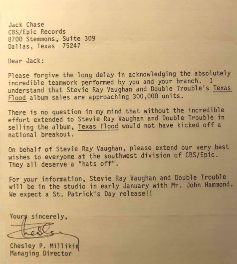 Letter from Chesley Millikin about Texas Flood