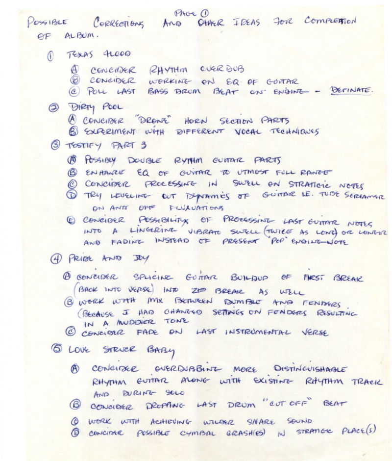 Stevie Ray Vaughan Handwritten Texas Flood Notes