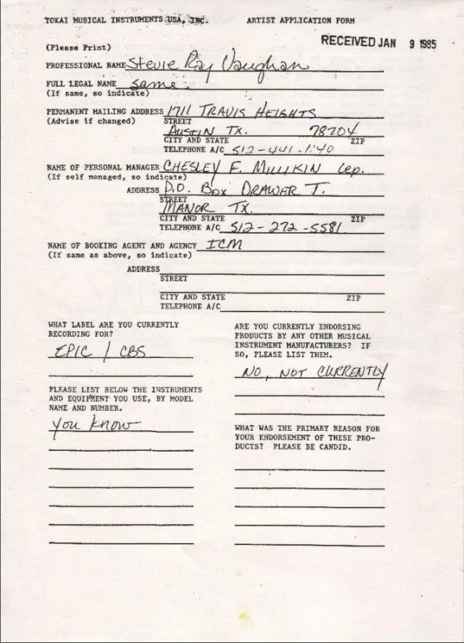 Stevie Ray Vaughan Tokai Guitars Contract