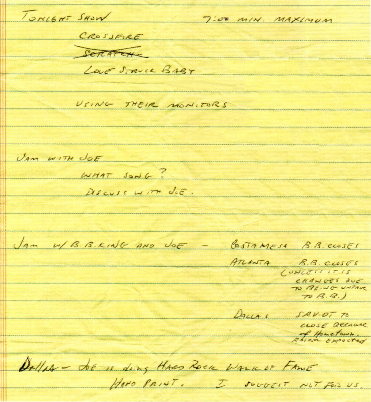 Stevie Ray Vaughan - Tonight Show and Tour Notes