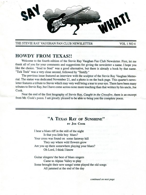 Stevie Ray Vaughan Fan Club Newsletter