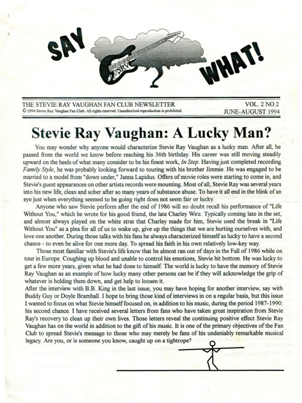 Stevie Ray Vaughan Fan Club Newsletter