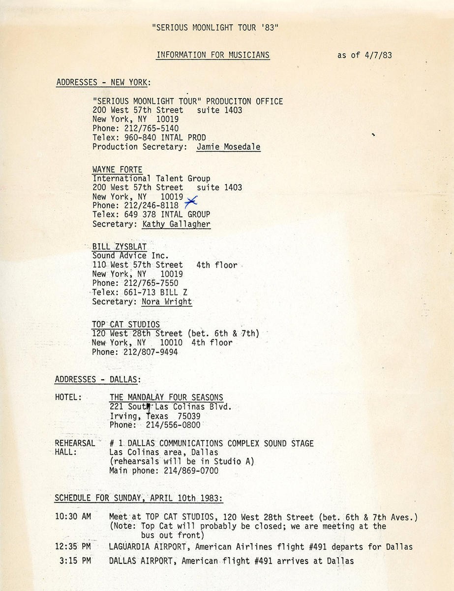 1983 Serious Moonlight Tour Rehearsals Contact Sheet