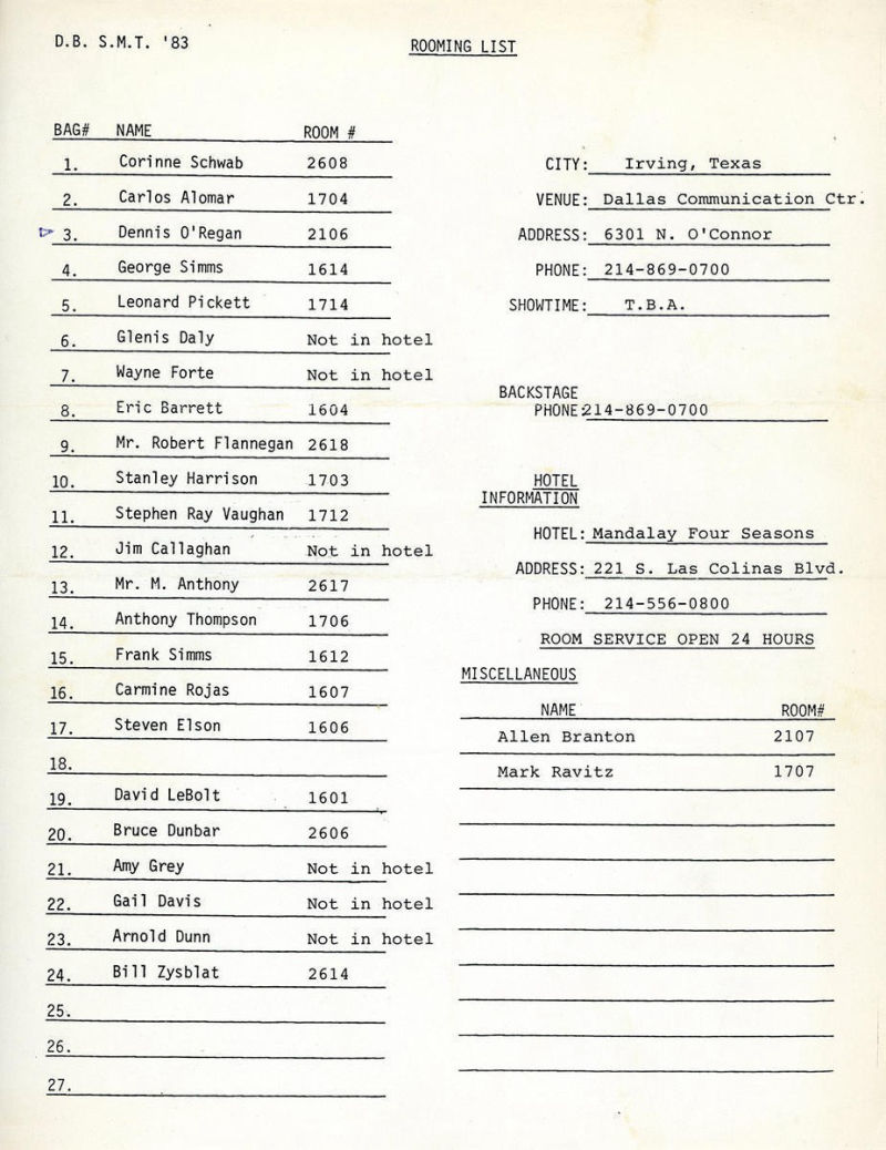 1983 Serious Moonlight Tour Rehearsals Room List