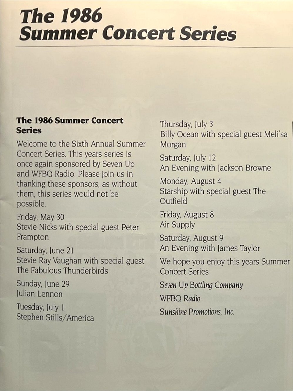 1986 Summer Concert Series - Sports and Music Center, Indianapolis, IN