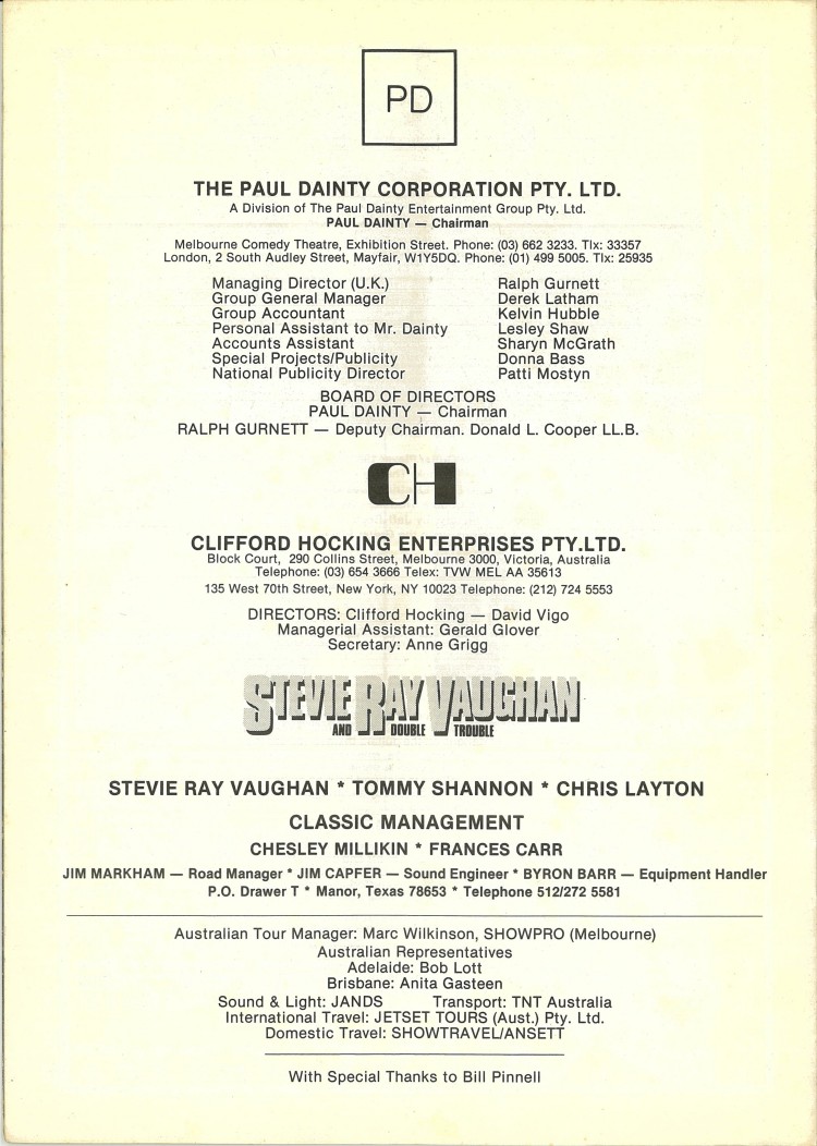 Stevie Ray Vaughan - 1984 Australian Tour Program